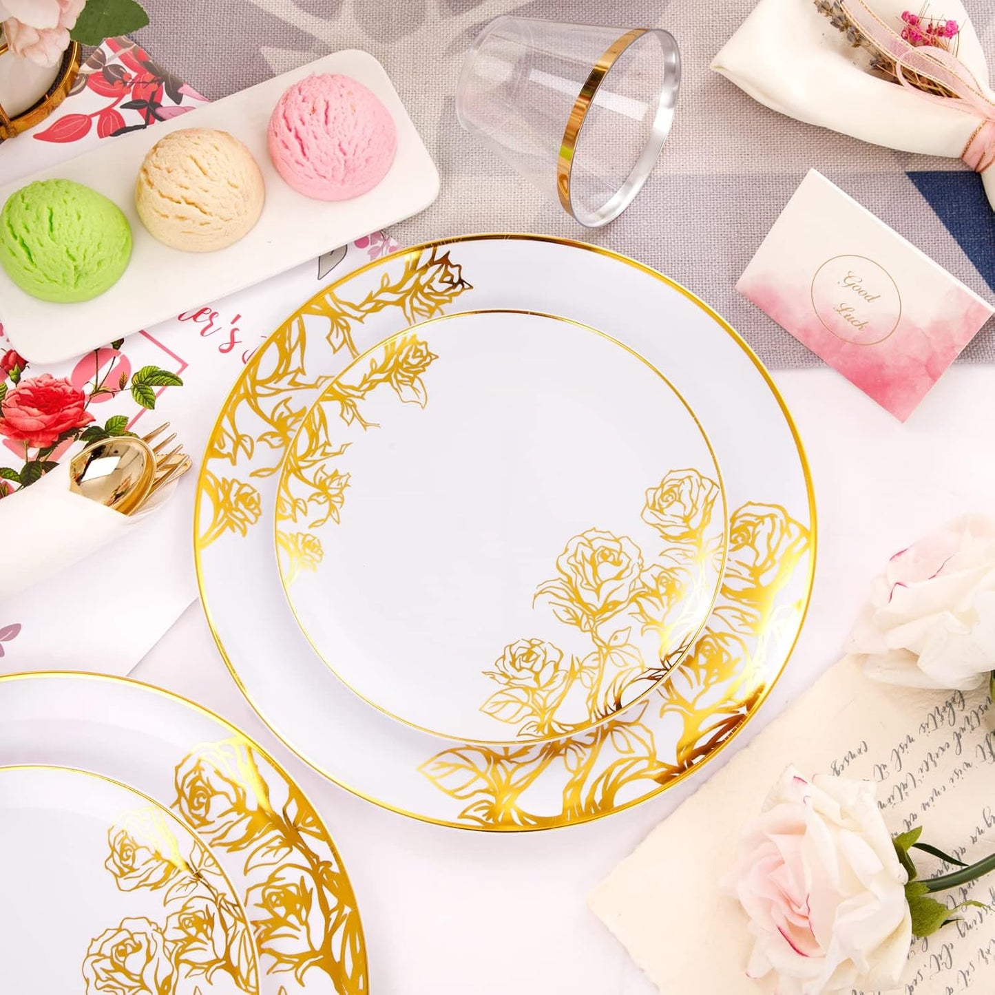 DaYammi 210Pcs White Gold Plastic Plates for Party,Thanksgiving Gold Disposable Dinnerware Set Includes 60 gold floral plates,30 plastic Silverware,30 Per Rolled Napkins,30 Plastic Cups for Party