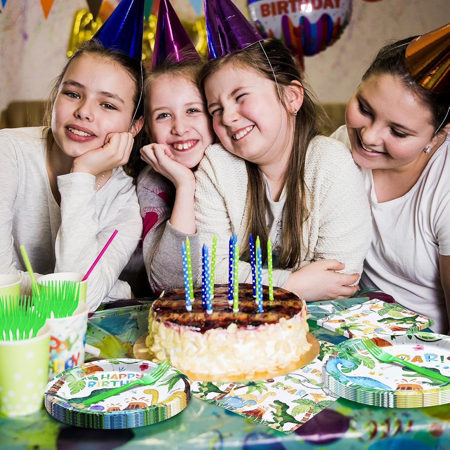 96 Pieces Dinosaur Birthday Tableware Set - Happy Birthday Disposable Dinnerware with Dino Design Plates, Napkins, and Forks for Boys Kids Party Decorations and Celebration, Serves 24 Guests