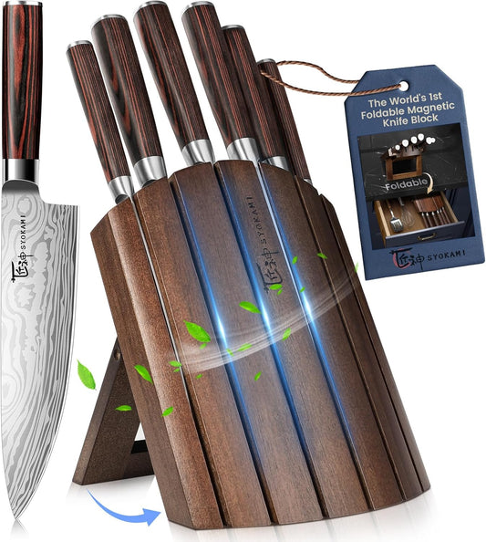 Knife Set 7 Piece Japanese Style Kitchen Knife Set With Foldable Magnetic Acacia Wood Block Sharp High Carbon Stainless Steel Knives Set for Kitchen with Anti-slip Ergonomic Handle, Ideal Gift