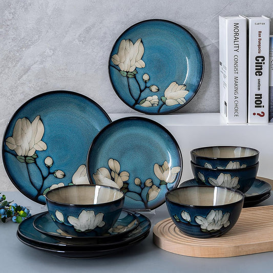 Dinnerware Set Blue Stoneware 12 Pieces Service for 4, Stoneware Plates and Bowls Set Highly Chip and Crack Resistant Stoneware Set, Dishwasher Microwave Safe Dishes set