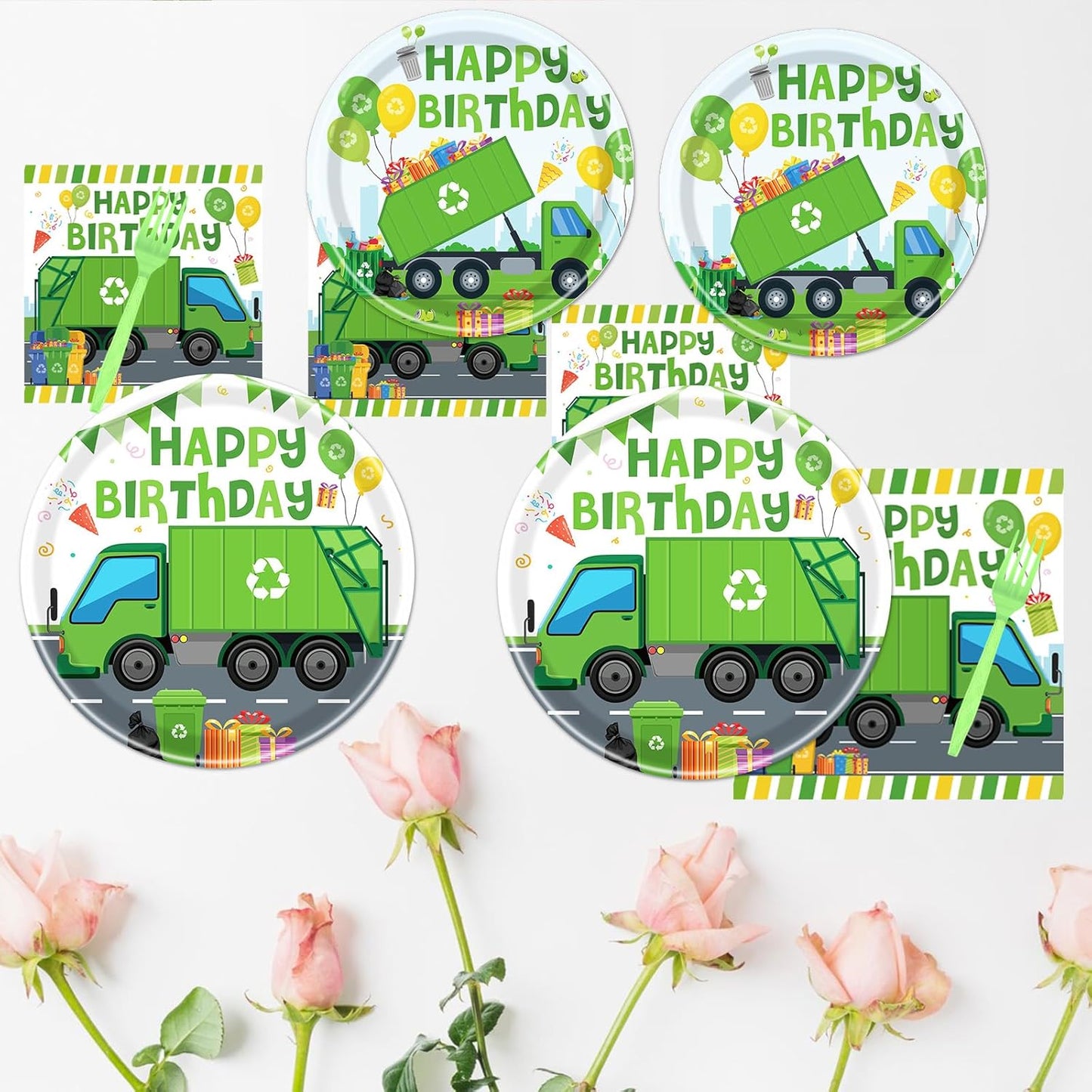 Rakuto Trash Truck Birthday Tableware Supplies Decorations, 96PCS Garbage Truck Birthday Party Plates and Napkins Forks Decor, Disposable Paper Dinnerware Set Supplies Serves 24