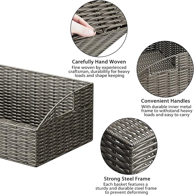 Ollieroo Rattan Storage Baskets, Handwoven Wicker Storage Bins with Built-in Handles, Storage Container Baskets for Shelves, Bedroom, Bathroom, Laundry Room or Kitchen(Grey)