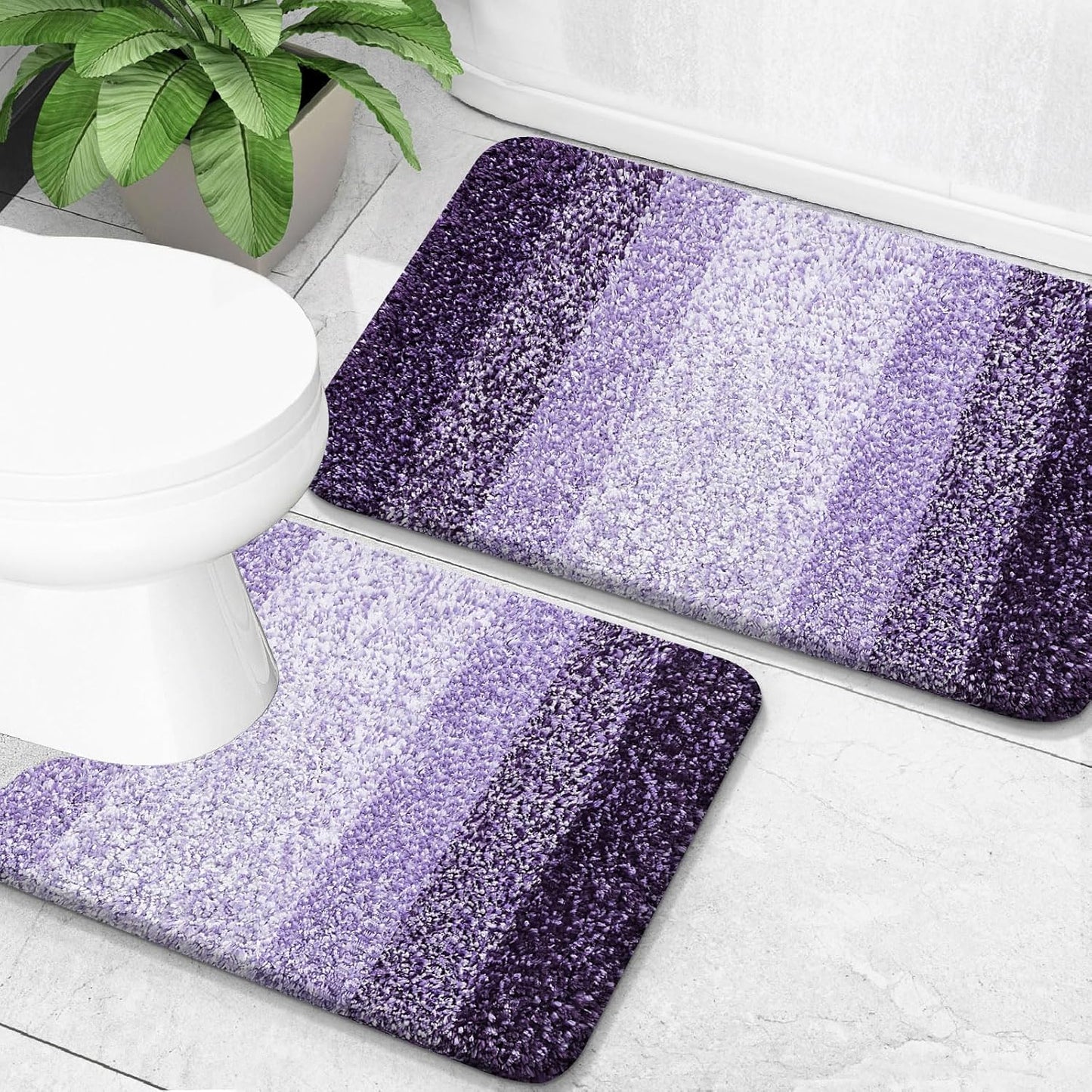 OLANLY Bathroom Rug Set 2 Piece, Soft Absorbent Microfiber Bath Mats and U-Shaped Contour Toilet Rug, Non-Slip, Machine Wash Dry, Plush Shaggy Bath Mats for Bathroom (24"x16"+24"x20", Violet)