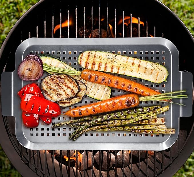Grill Pan Set of 2, BBQ Grill Topper for Outdoor Grill, Stainless Steel Grilling Baskets with Holes and Handles, Perforated Food Tray Barbecue Accessories for Vegetable, Fish, Small x 2