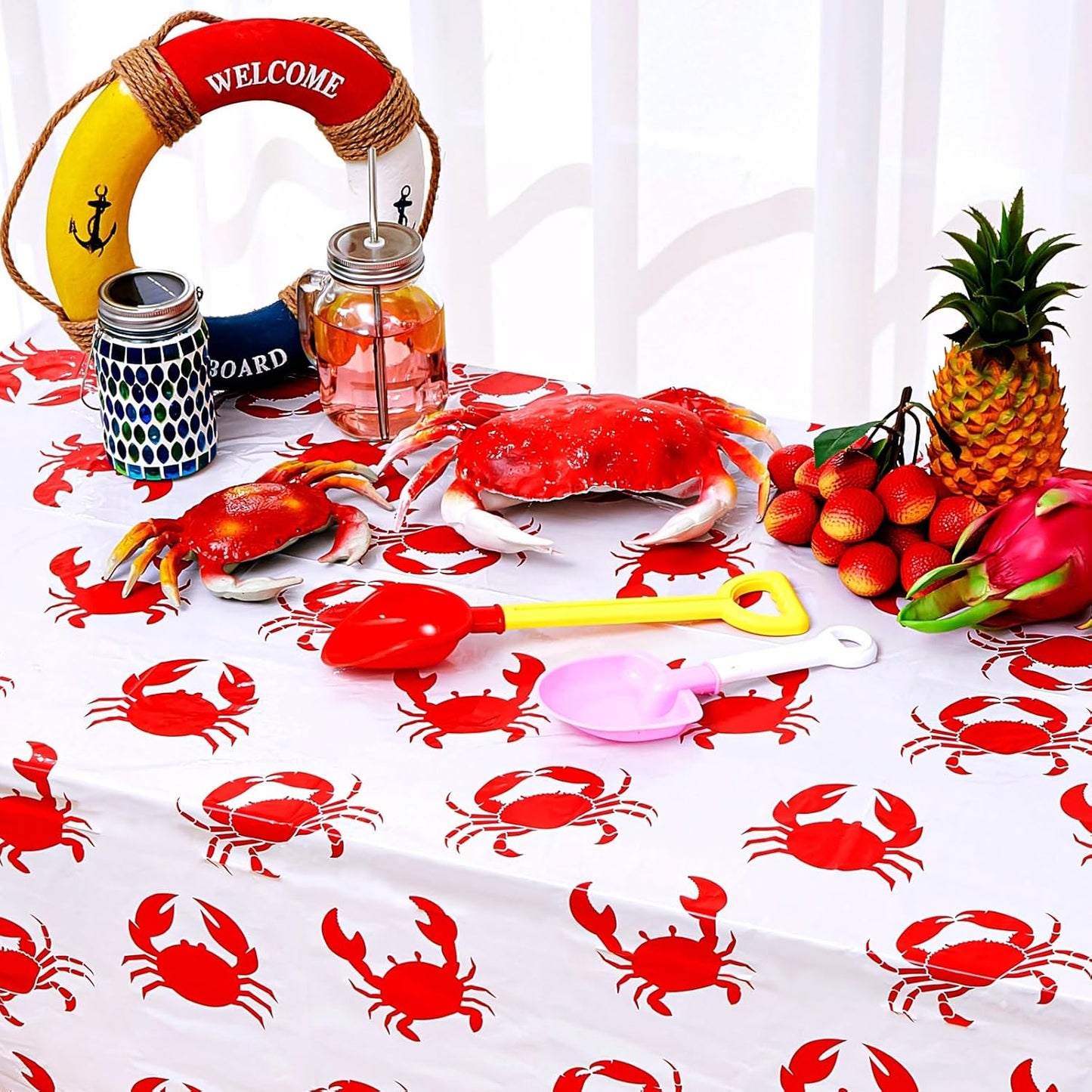 Juexica 4 Pcs 54 x 108 Inch Crab Boil Party Table Cloth Summer Seafood Party Supplies Plastic Crab Tablecover Decorations Rectangular for Sea Animals Dining Kitchen Centerpiece