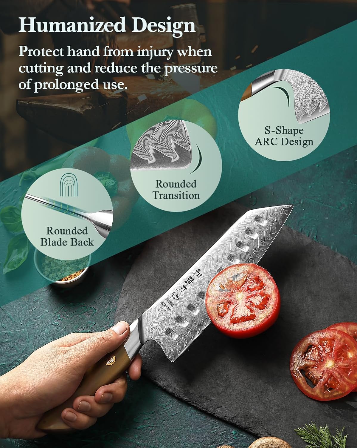 HEZHEN Damascus Santoku Knife, 7 Inches, 67 Layers Damascus Steel, Ultra Sharp Blade, Japanese Chef Knife for Professional Chefs and Home Cooking, Linen Micarta Handle, Gift Packing