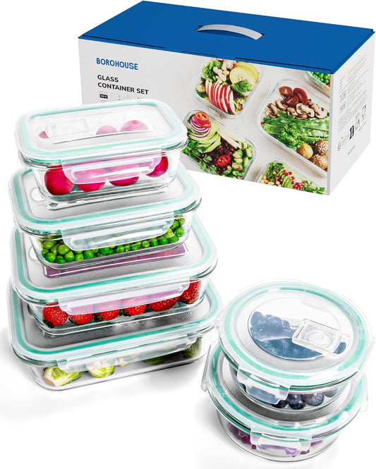 6-Piece Borosilicate Glass Food Storage Containers Set with Airtight Lids - Oven, Microwave & Freezer Safe, Leak-Proof, BPA-Free - Baking, Meal Prep & Gift Ready