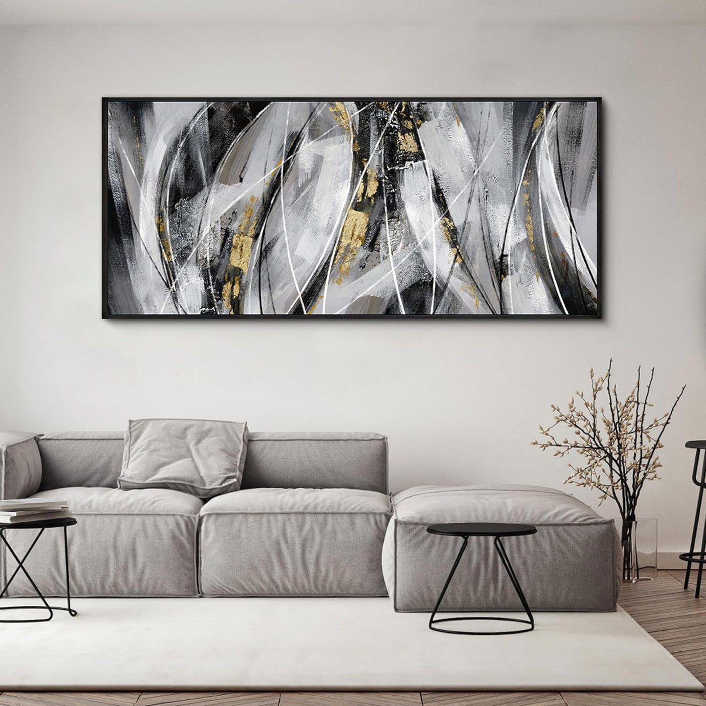 KLAKLA Abstract Frame Wall Art - Black and White Picture for Living Room Black and Gold Framed Artwork Canvas Art Work for Office Home Decor Bedroom Wall Decoration - 70x31 Inches