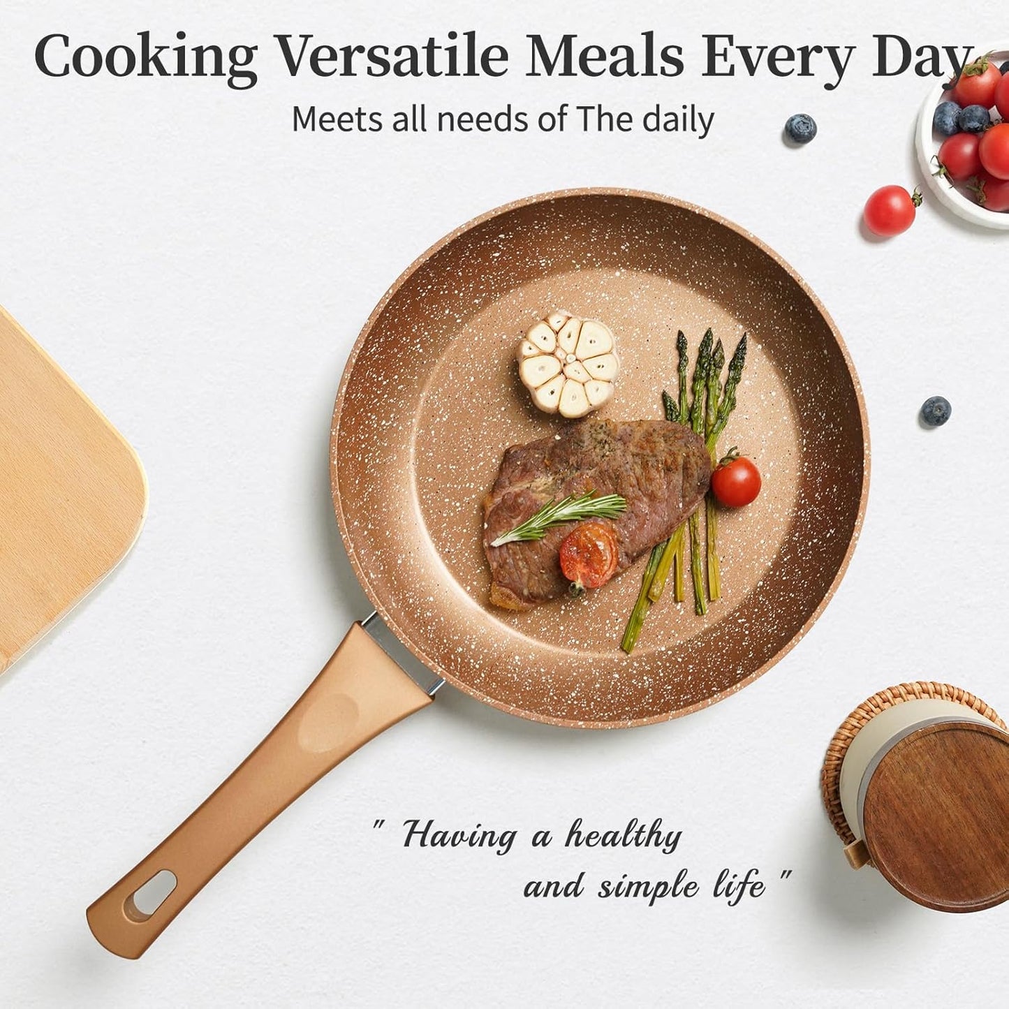 Innwewell Non Stick Frying Pan - Granite Stone Non Stick Skillet, Safe&No Toxic Pans for Cooking, Large Nonstick Cookware Chef's Pan, Induction Compatible, PFOA Free(11inch, Gold)