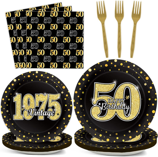 200PCS 50th Theme Birthday Party Tableware Vintage 1975 Party Supplies 50 year old Birthday Party Decorations Plates Napkins Forks Black and Gold Dinnerware Favors for Men or Women