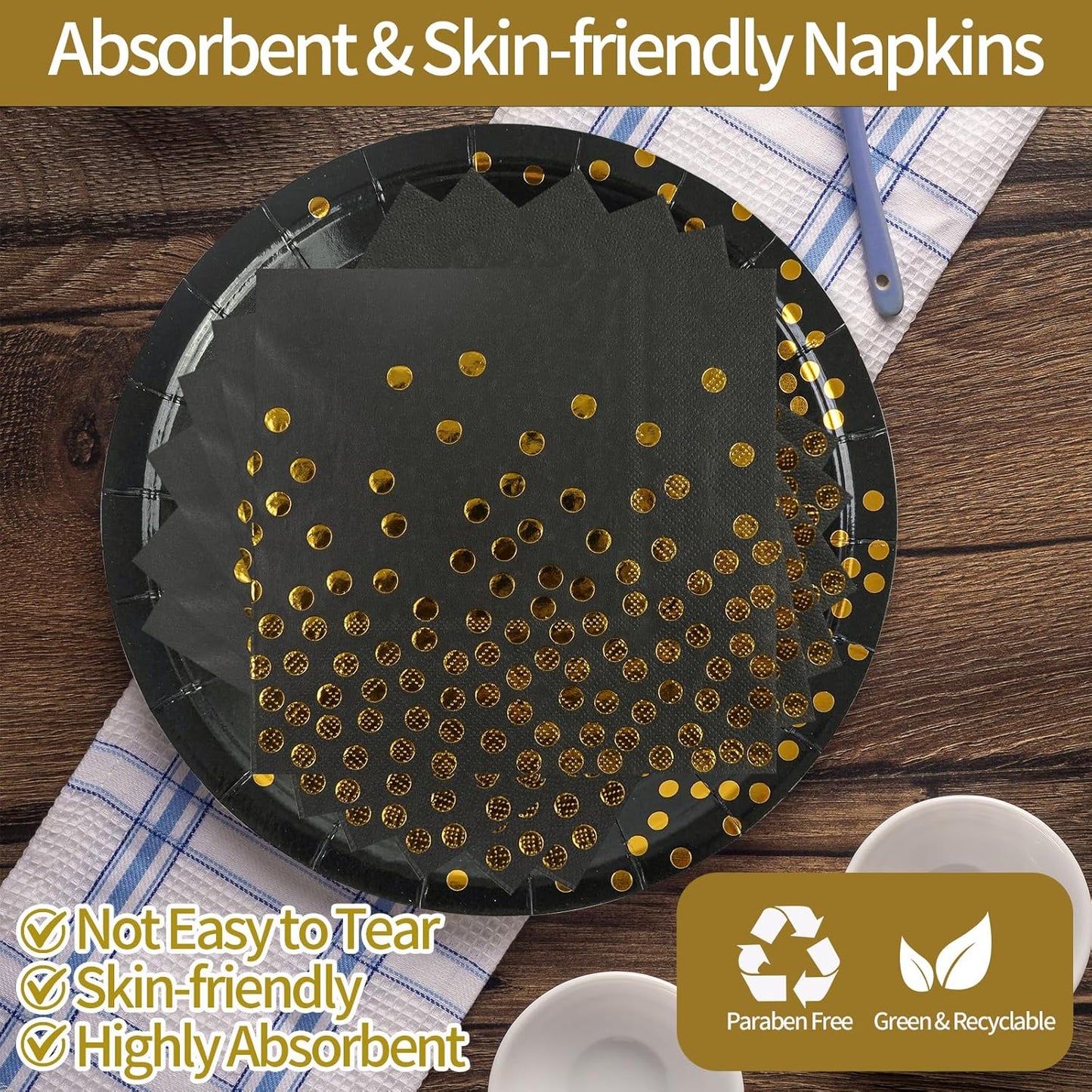 90PCS Black and Gold Paper Plates and Napkins Set, Disposable Gold Dot Party Plates with Napkins Forks Dessert Dinnerware Party Supplies for Wedding, Graduation, Festivals