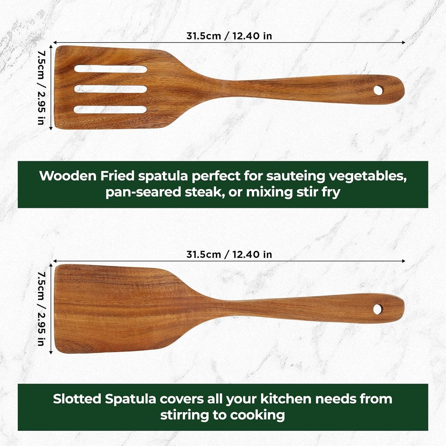 Teak Wood Spatulas Set for Nonstick Pan, Cooking Spoon, Slotted Turner(Spatula and Slotted Spatula)