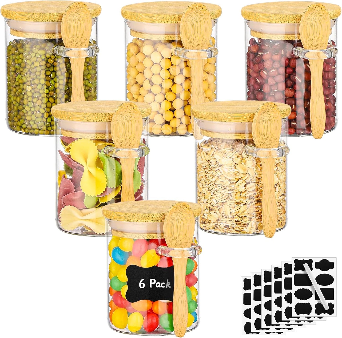 Glass Jars with Airtighr Lids - 6 Pack 6 Fl.oz Round Glass Jar with Bamboo Lid and Spoon, Includes Labels and Marker, Pantry Storage Containers for Spice, Overnight Oat, Sugar Coffee Canister