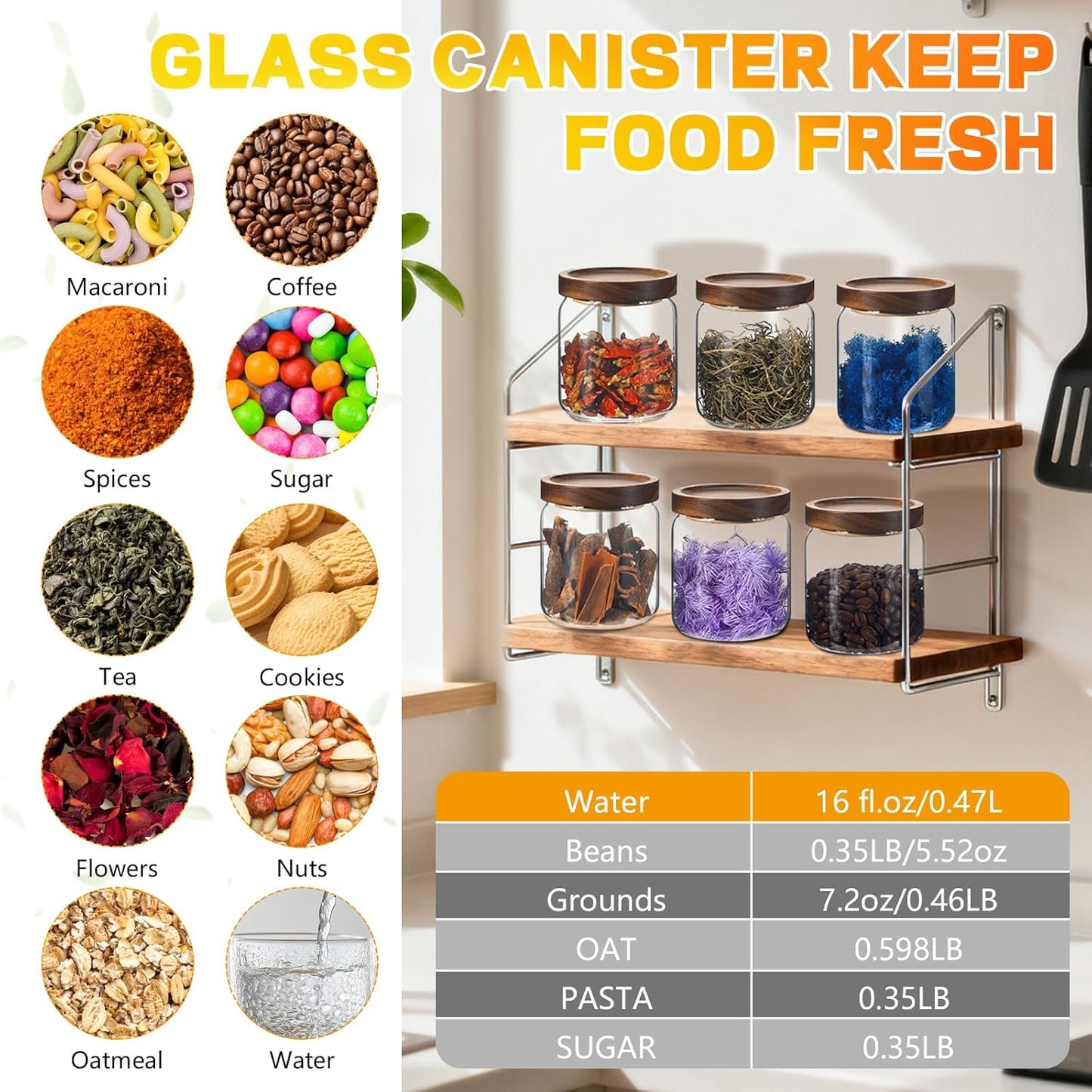 Glass Spice Jars Seasoning Containers Small Glass Jars with Lids Airtight Food Storage Canister for Kitchen Pantry Sugar Tea Coffee Bean Nuts Cookies Herbs Salt (473ml/16oz-1 pcs)