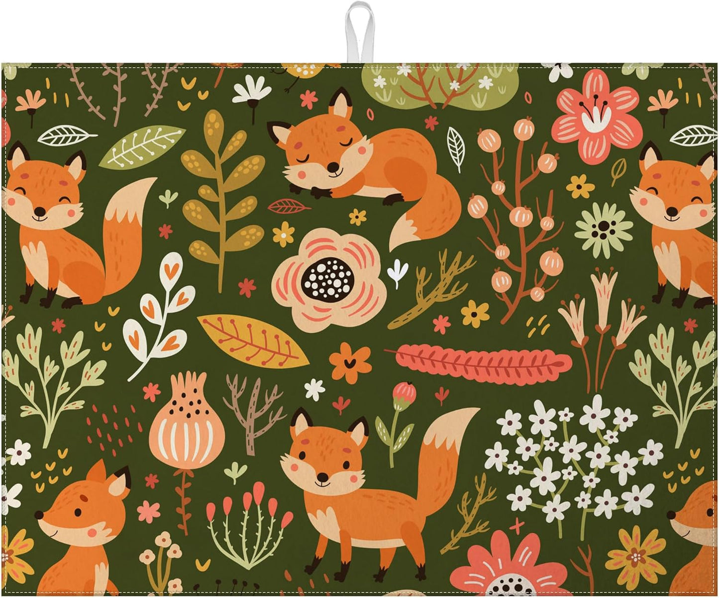 Cute Fox Dish Drying Mat for Kitchen Counter Animals Drying Pad Absorbent Reversible Dish Drainer Rack Mats Draining Pad 18"x24"Inch
