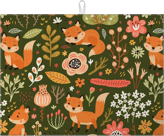 Cute Fox Dish Drying Mat for Kitchen Counter Animals Drying Pad Absorbent Reversible Dish Drainer Rack Mats Draining Pad 18"x24"Inch