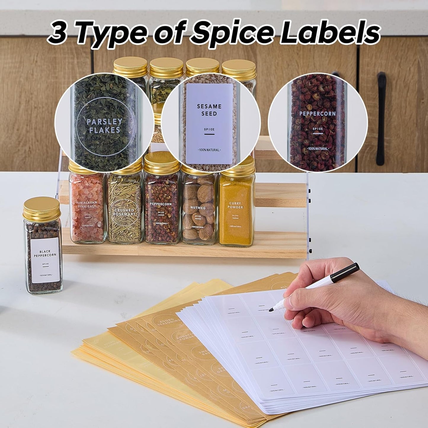 24 Pcs Glass Spice Jars with 576 Labels, 4oz Empty Square Spice Containers,Seasoning Bottles with Gold Metal Caps - Shaker Lids, Funnel and Pen Included