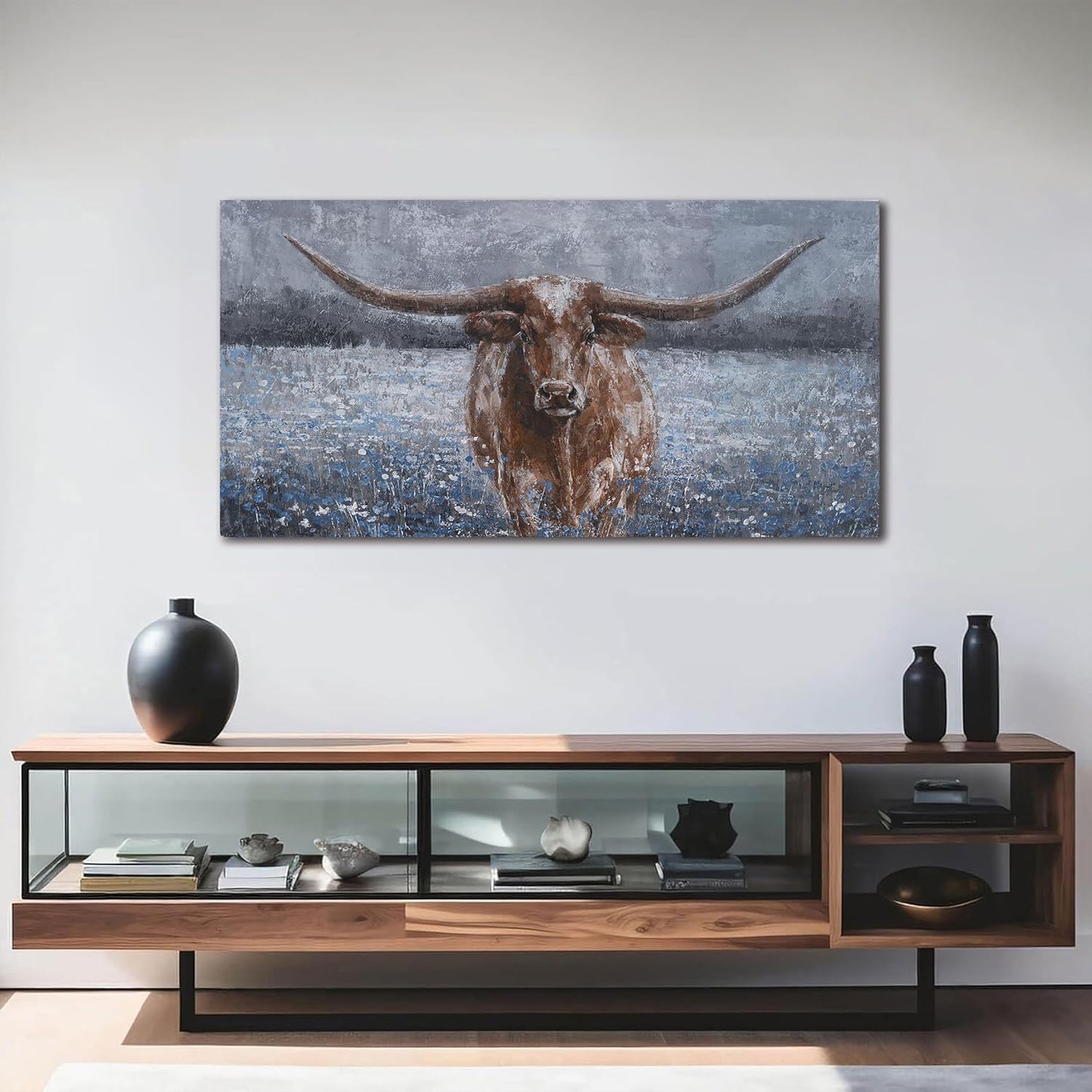 KUPTEU Canvas Wall Art Decor Vintage Wall Art For Living Room Highland Cow Wall Art Decorations Canvas Art Wall Decor Modern Blue Wall Art Prints Artwork for Walls Bedroom Home Decor 20" x 40"