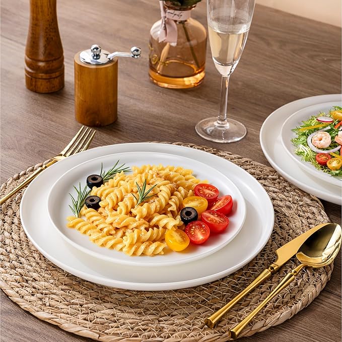 LERATIO Stoneware Dinnerware Sets for 4,Handcarft Ceramic Plates and Bowls Sets,Chip and Scratch Resistant Dishes, Dishwasher & Microwave Safe, Oven safe,Reactive Glaze-White