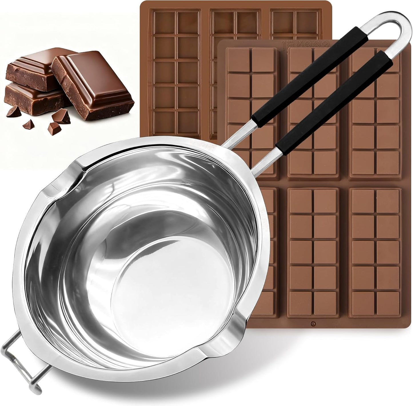1200ML/1.1QT Double Boiler Pot With 2 Pack of Silicone Chocolate Bar Molds, Stainless Steel Chocolate Melting Pot with Non-Stick Chocolate Molds for Dubai Pistachio, Candy, Snacks