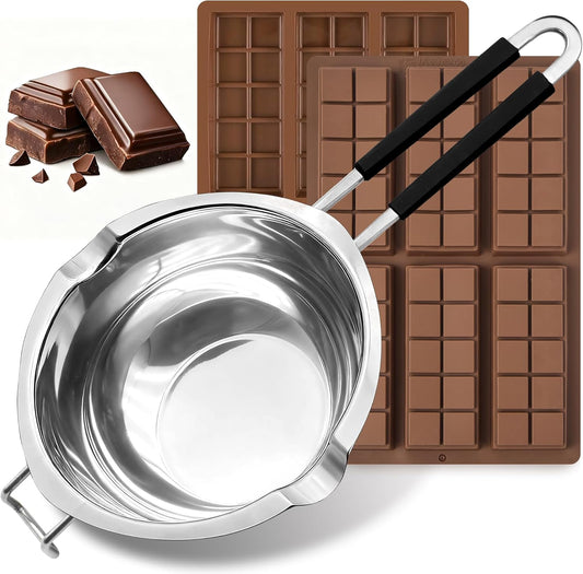 1200ML/1.1QT Double Boiler Pot With 2 Pack of Silicone Chocolate Bar Molds, Stainless Steel Chocolate Melting Pot with Non-Stick Chocolate Molds for Dubai Pistachio, Candy, Snacks