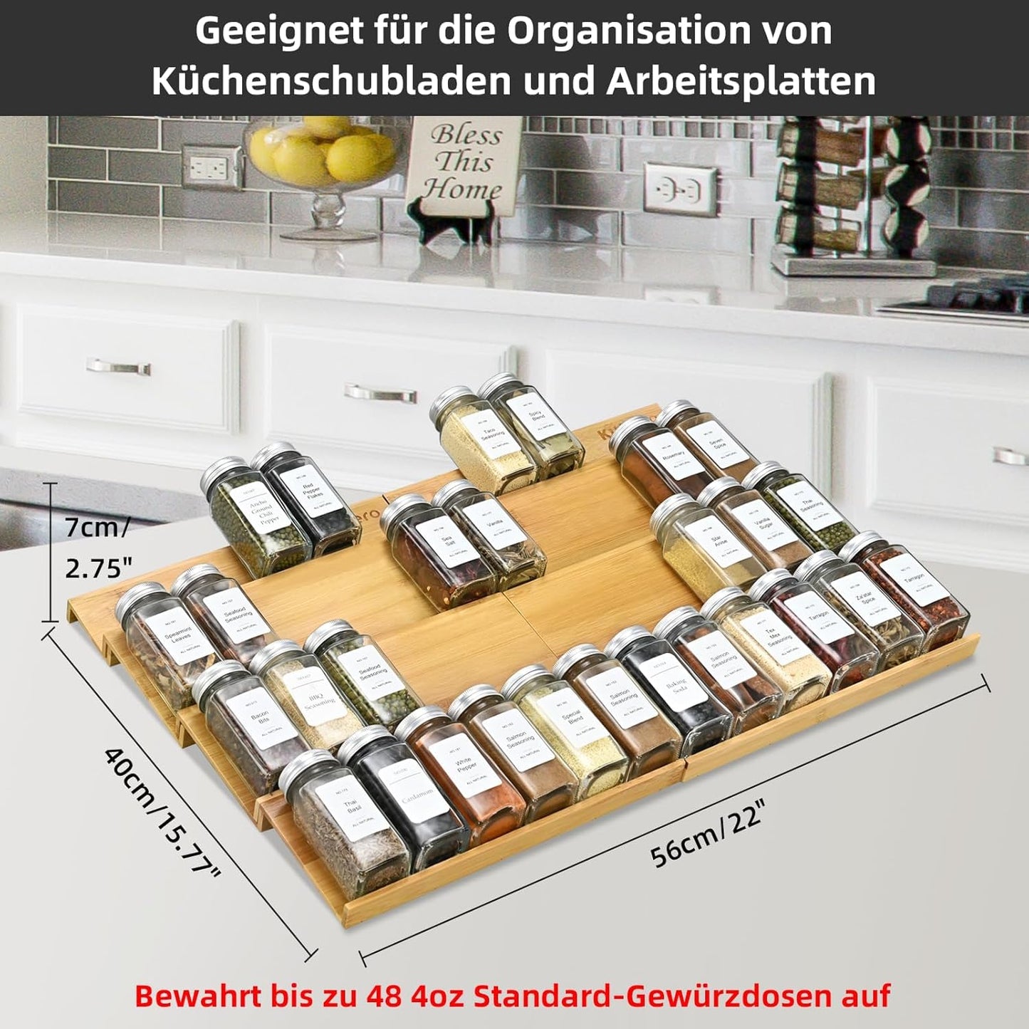 Spice Drawer Organzier,4 Tiers- 8Pcs Bamboo Spice Rack Tray Insert for Cabinet Drawer Countertop, Kitchen Seasoning Storage Drawer Organization,22" Wide x 15.8" Deep （Hold UP To 48 Jars