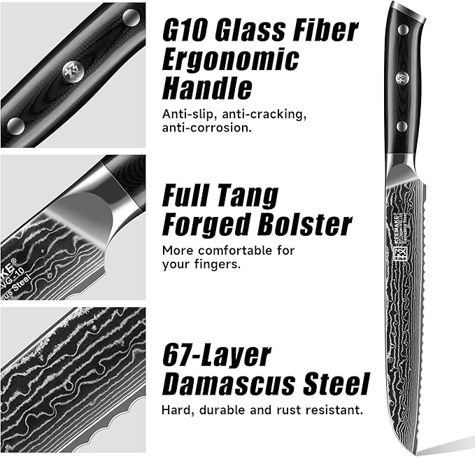 KEEMAKE Serrated Bread Knife, 8 Inch Japanese Damascus Kitchen Knife Wave Edge with G10 Ergonomic Handle, Cake Cutter Bread Slicing Knife for Sourdough Loaf Ciabatta