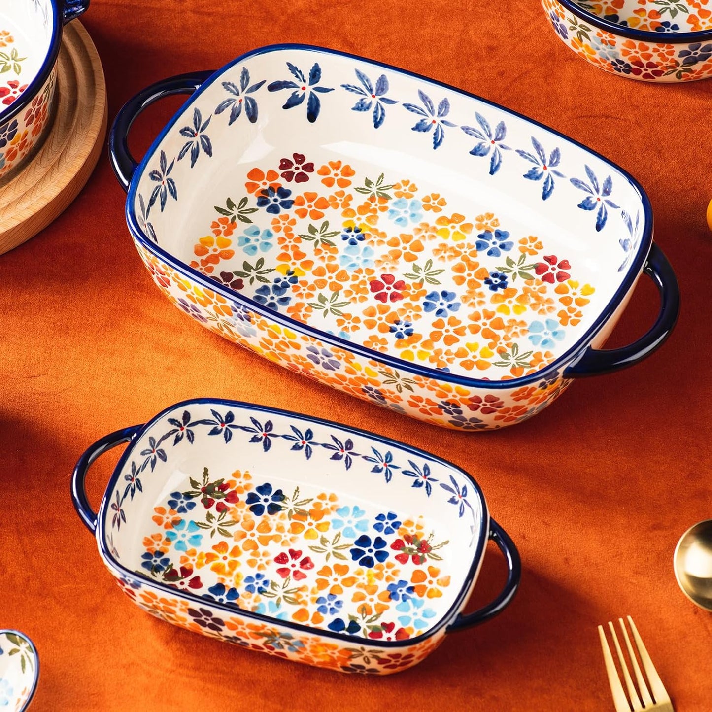 Retro pastoral style Ceramic Baking Dish Rectangular Bakeware Set Baking Pan, 2-piece Hand-painted Porcelain Baking pan with handle, Casserole Dish for Oven/Cooking/Kitchen (Colorful Flower)