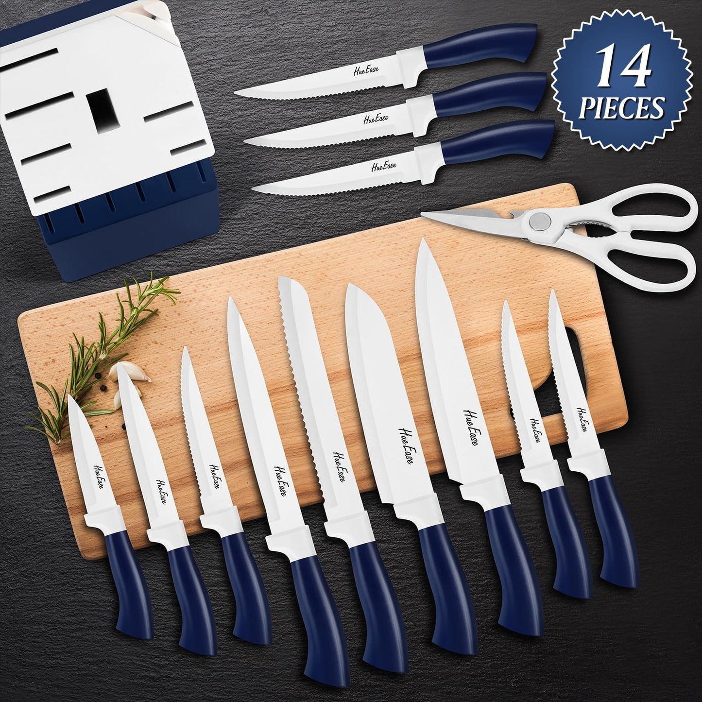 Kitchen Knife Set with Block and Build-In Sharpener,14-Piece German High Carbon Stainless Steel Knives Sharp Blade, Dishwasher Safe (14pcs-blue with white ceramic coating)