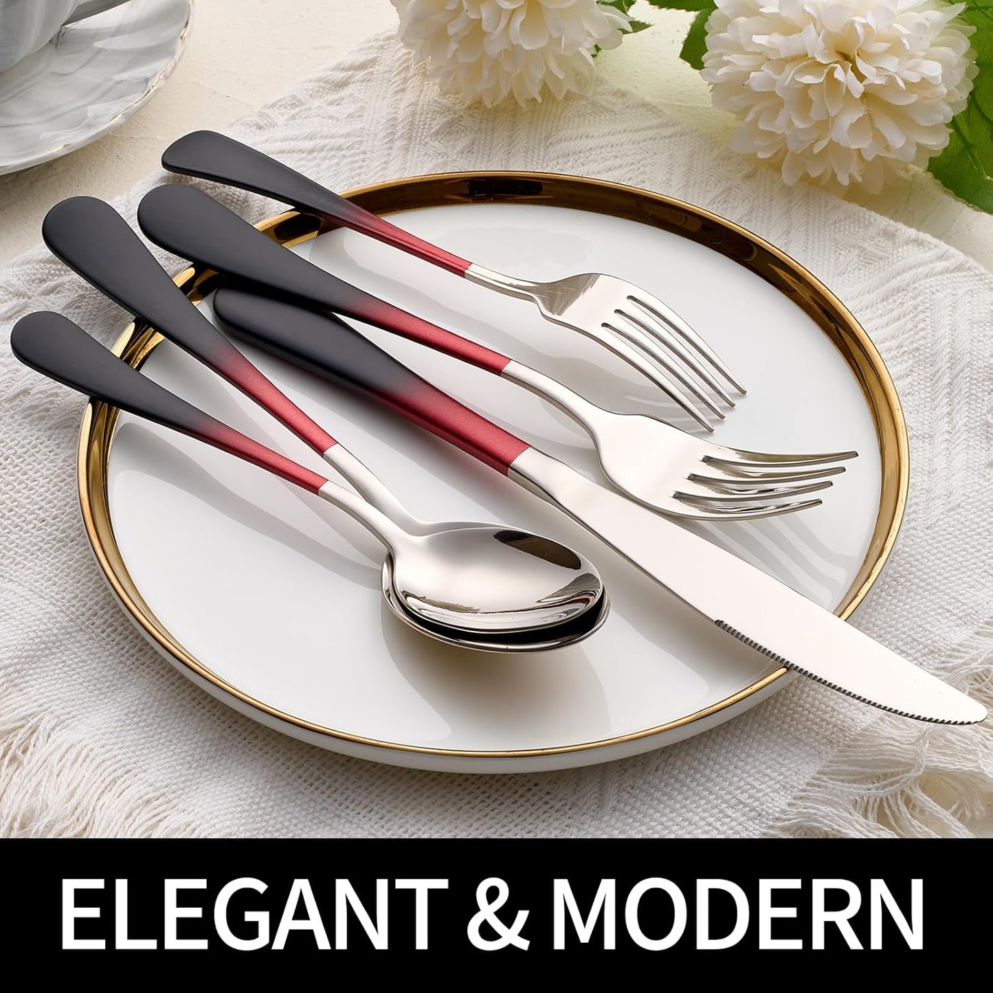 20-Pieces Black Red Silverware Sets for 4,Black Red Handle Stainless Steel Cutlery Set, Include Forks Spoons and Knives Set, Dishwasher Safe Utensil Sets for Home Restaurant