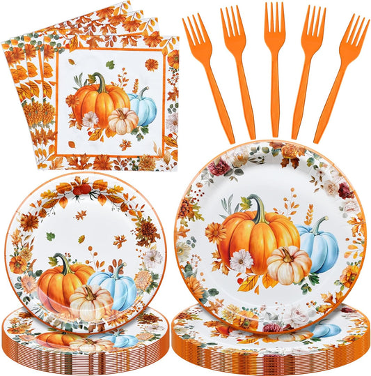 96 Pieces Thanksgiving Pumpkin Tableware Set – Rustic Sunflower and Pumpkin Disposable Plates, Napkins, and Forks for Fall Dinners, Friendsgiving, Harvest Parties – Serves 24 Guests