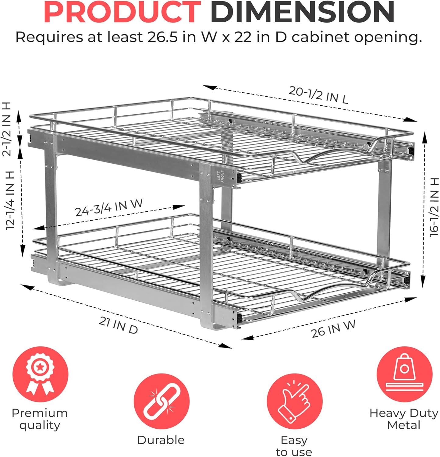 HOLDN’ STORAGE Two Tier Pull Out Cabinet Organizer, Individual Sliding Drawers - Heavy Duty Metal with Lifetime Limited Warranty - Anti Rust Chrome Finish - 26" W x 21”D x 16.5" H