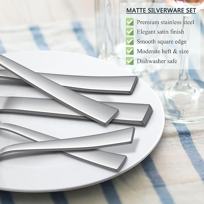 Herogo 40-Piece Matte Silverware Set for 8, Stainless Steel Square Flatware Cutlery Set, Tableware Eating Utensils Include Knife Spoon Fork, Satin Finish, Dishwasher Safe
