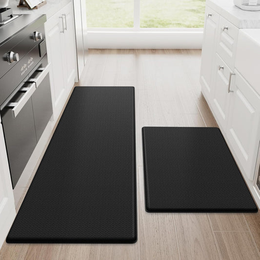 StepRite Kitchen Mats, 2PCS Kitchen Rugs, Cushioned Anti Fatigue Kitchen Mats for Floor, Non-Slip Standing Desk Mat, Waterproof Kitchen Rug Set for Kitchen, 20" x 32"+20" x 48"-0.4 inch Thick, Black