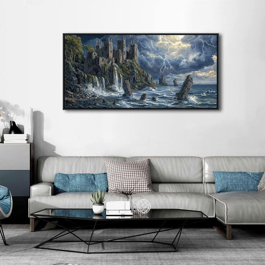 QZQCBLC Large Canvas Wall Art - Abstract Clouds Ocean Lightning Framed Landscape Gloomy Castle Paintings Artwork Picture for Living Room Bedroom Kitchen Home Painting Decor 24"X48"