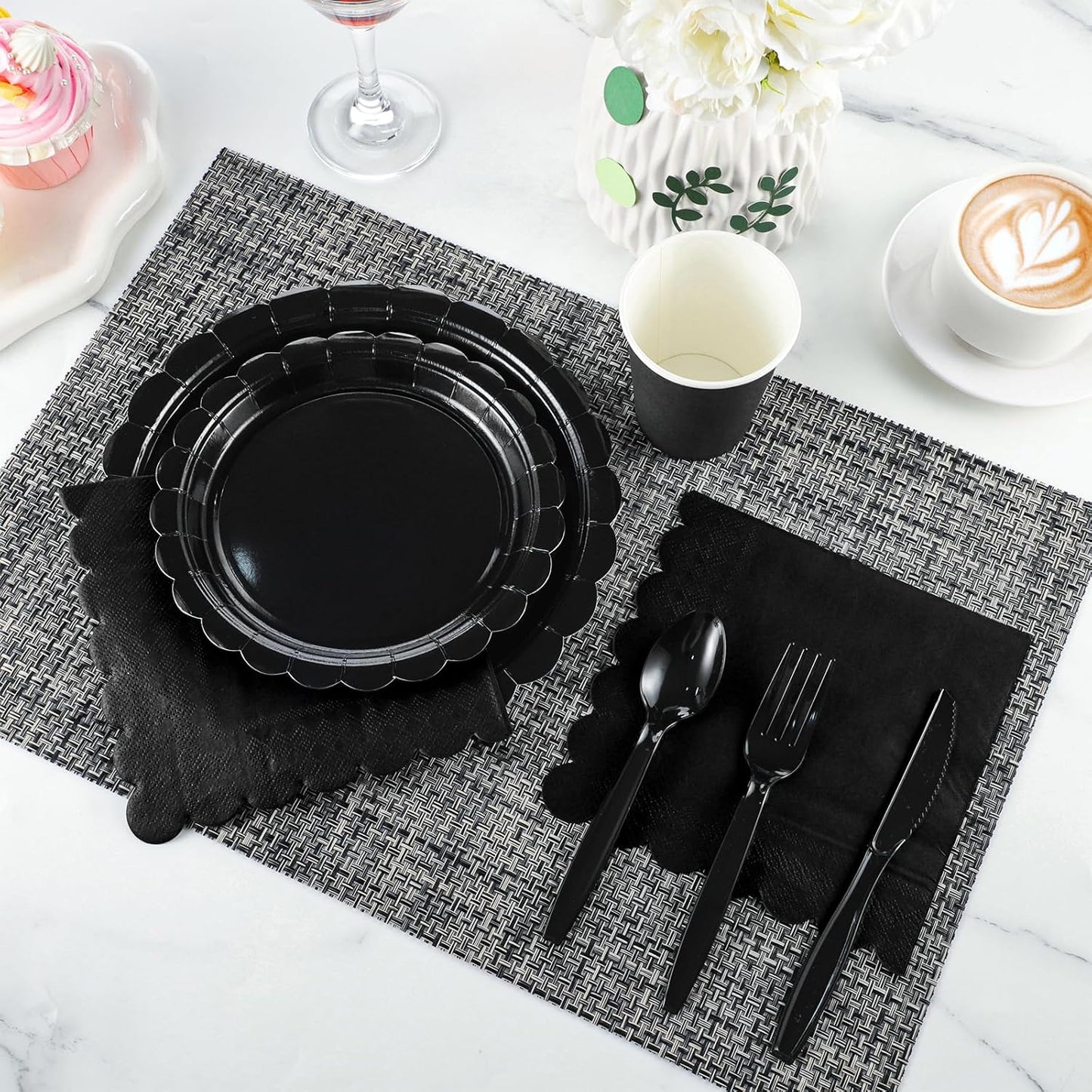 350 Pcs Black Paper Plates and Napkins, 25 Guest Black Birthday Party Supplies Includes Scalloped Party Plates Napkins Cups Plastic Spoons Forks Knives for Birthday, Wedding, Halloween