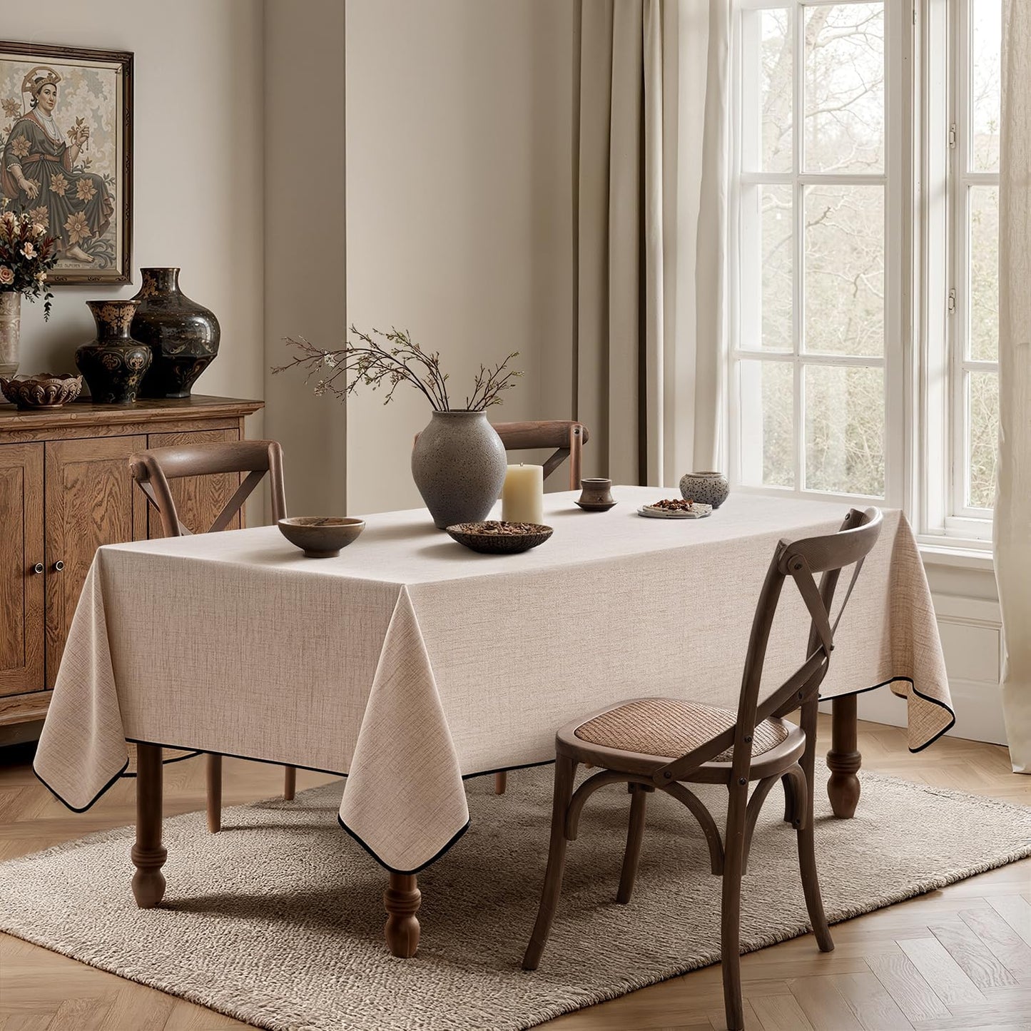 MIULEE Natural-Black Linen Tablecloth 60x84 Inch Rectangle Table Cloth Waterproof,Stain Resistant & Wrinkle Resistant for Dining Party Wedding