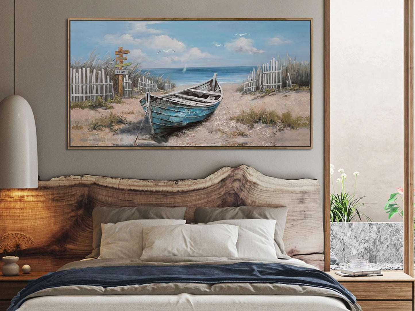 Ardemy Framed Canvas Wall Art Extra Large Boat Bedroom Pictures Wall Decor Living Room, Beach Seascape Paintings Wall Decor Textured Artwork for Kitchen Dining Room Home Office, 58"x29"
