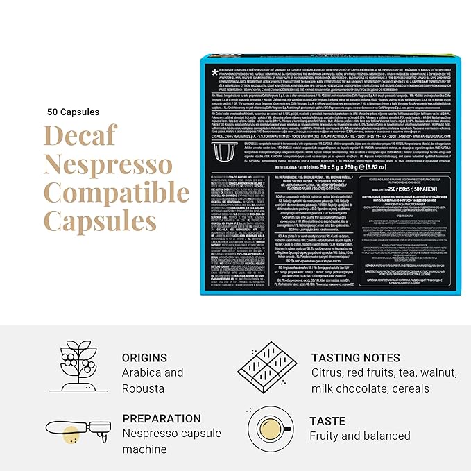 Caffe' Vergnano 1882 Decaf Medium Roast Espresso Original Line Machine Compatible Capsules, Arabica Robusta Espresso Coffee, Italian Coffee for Nespresso Machines, Intensity 5/10, Decaffeinato, 50 Ct