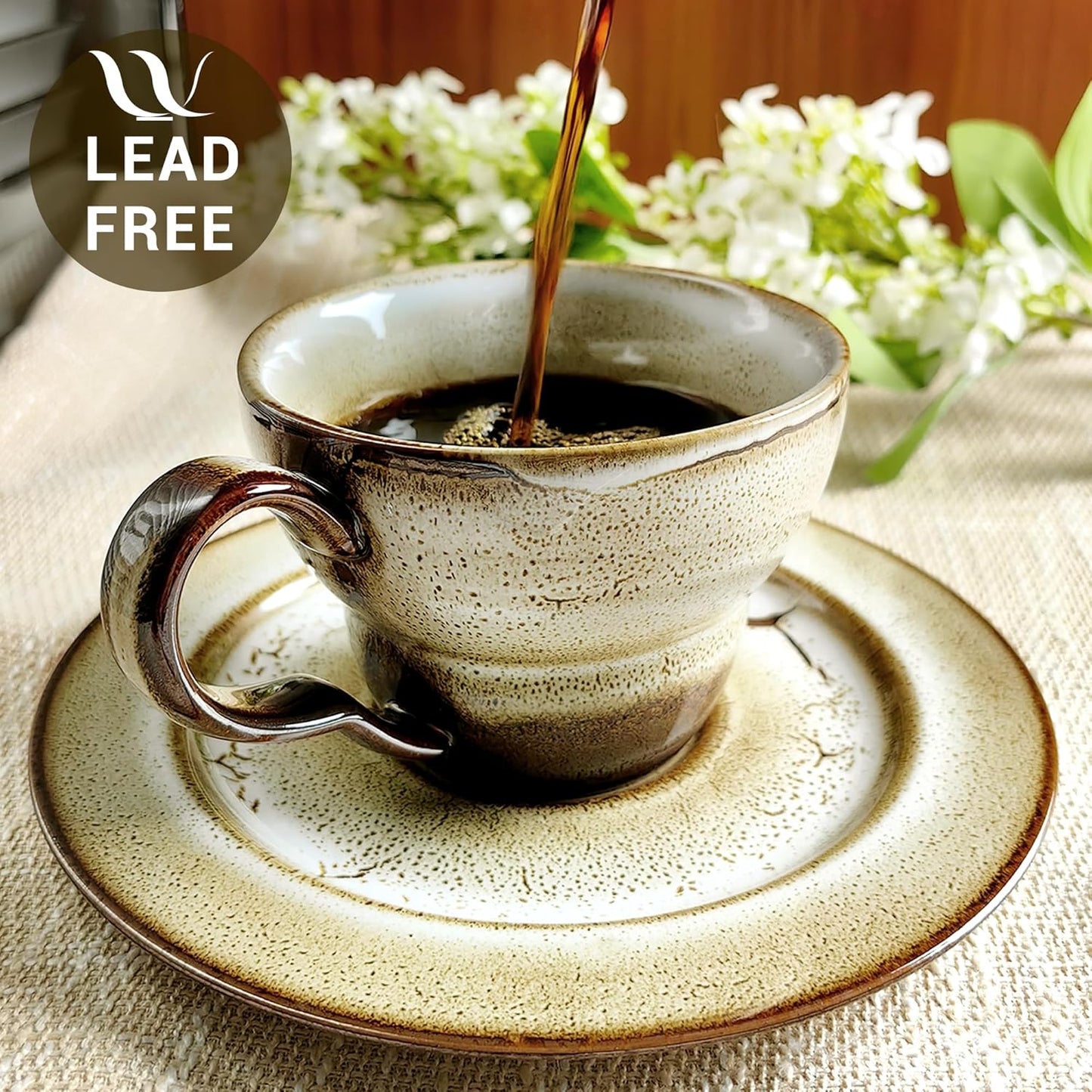 Latte Art Coffee Cup Set of 2 with Saucers - 8.5oz Ceramic Mugs for Cappuccino, Espresso & Tea - Microwave & Dishwasher Safe - Perfect Holiday Gift for Father's Day, Birthday, Housewarming