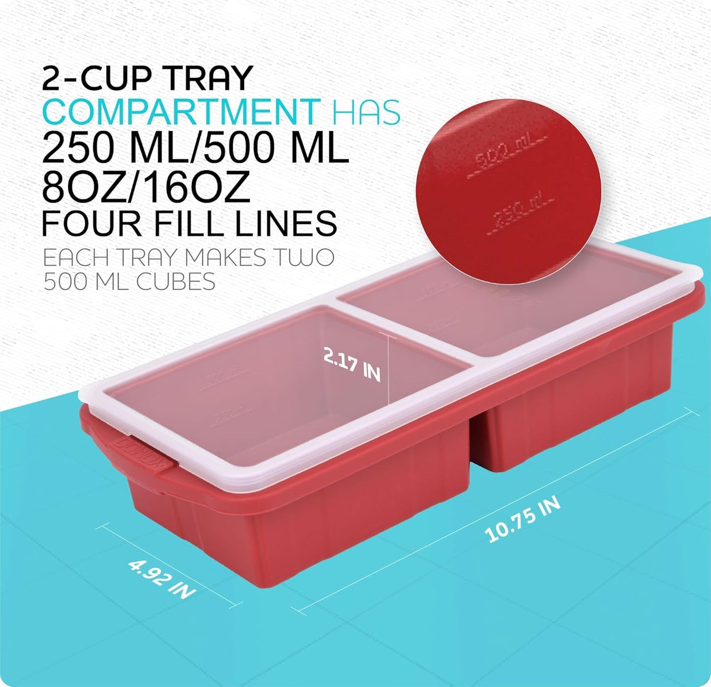 Silicone Freezer Tray With Lid-Soup Freezer Container molds-2-cup Extra Large Ice Cube Tray-makes 4 perfect 500ml portions cubes, For freezing soup,stews,sauces.Oven&Dishwasher-Safe(2-Pack)