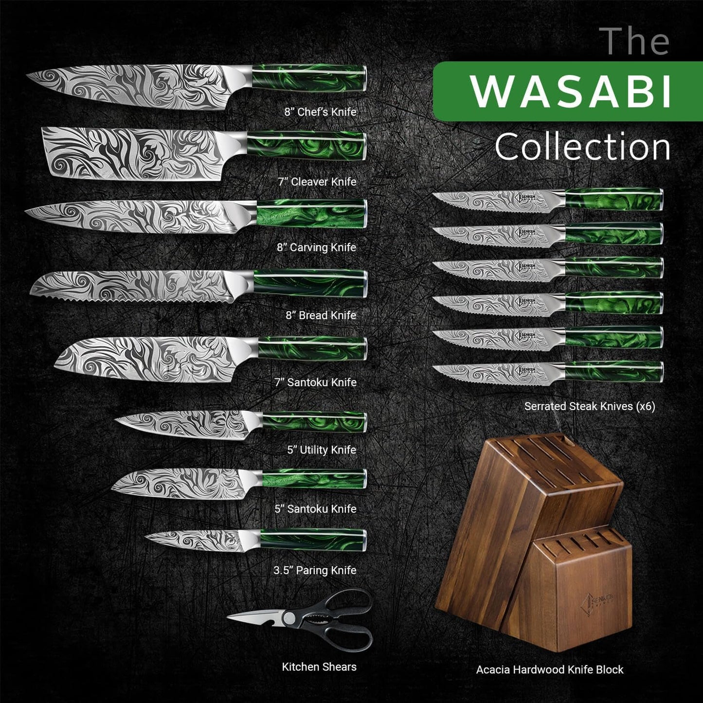 SENKEN Engraved Japanese Kitchen Knife Set with Beautiful Green Resin Wood Handles - Wasabi Collection - Chef's Knife, Bread, Cleaver, Paring, & More (16-Piece Knife Block Set)