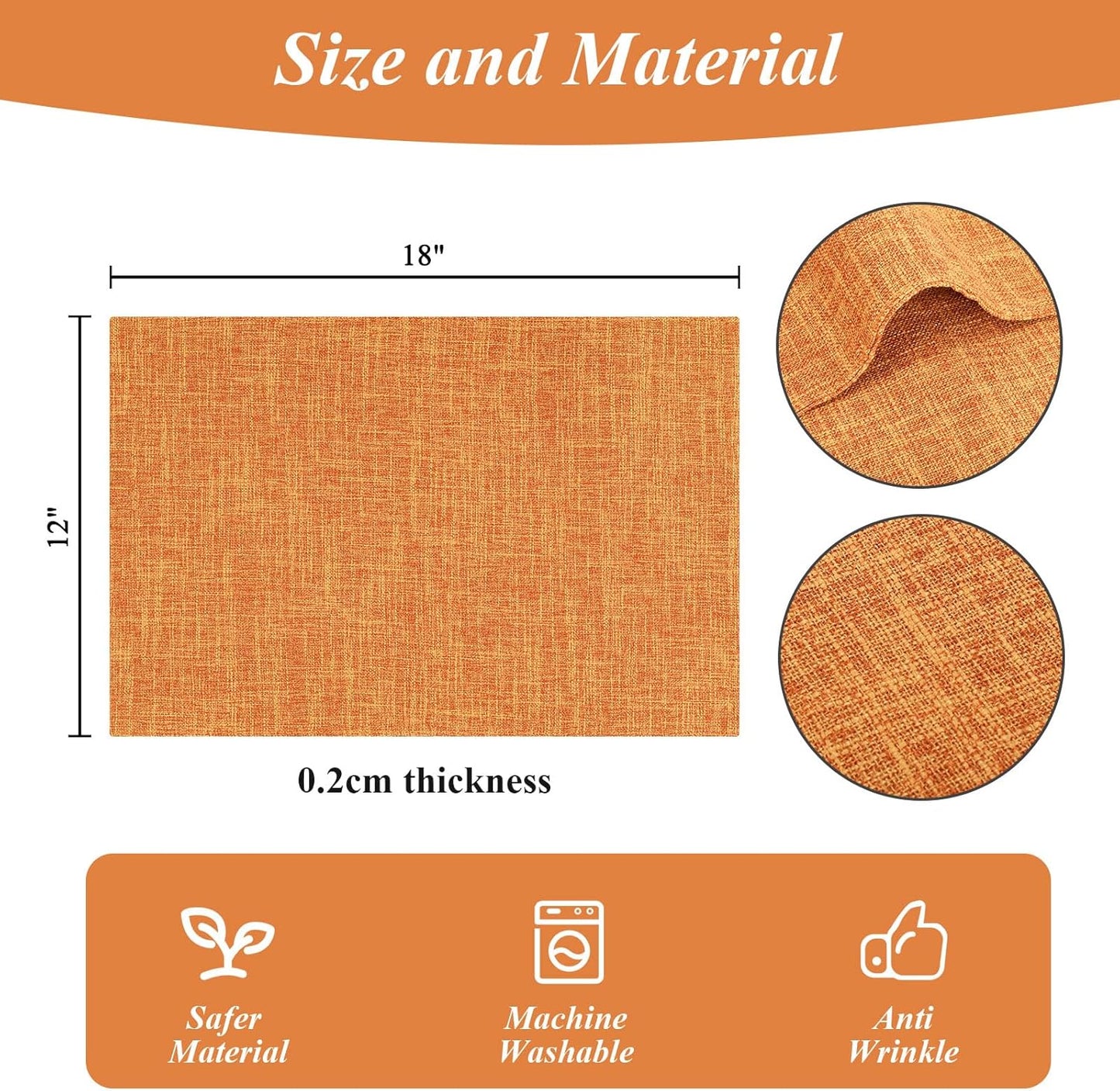 SHACOS Fall Placemats Set of 4 Washable Cloth Double Layer Thick Faux Linen Fabric Table Place Mats Non Slip Table Mats for Thanksgiving Indoor Outdoor, Orange