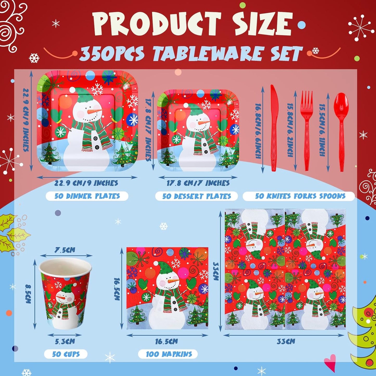 350 Pcs Paper Plates and Napkins Set Disposable Dinnerware Party Supplies Tableware Serve 50 Guest Cups Knife Forks Spoon(Red,Snowman)