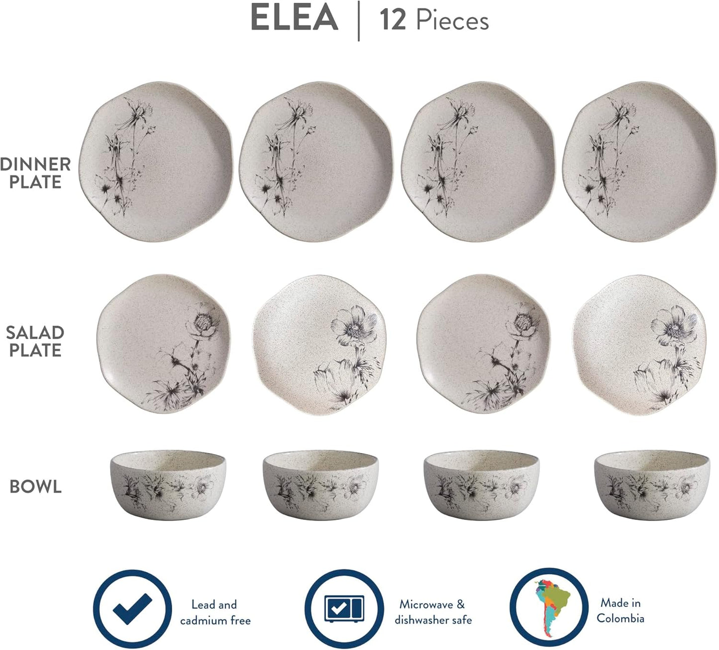 Corona Dinnerware Set 12– piece, Plates and Bowls Set, Ceramic Sets for 4, Microwave and Dishwasher Safe, Elea Floral Design