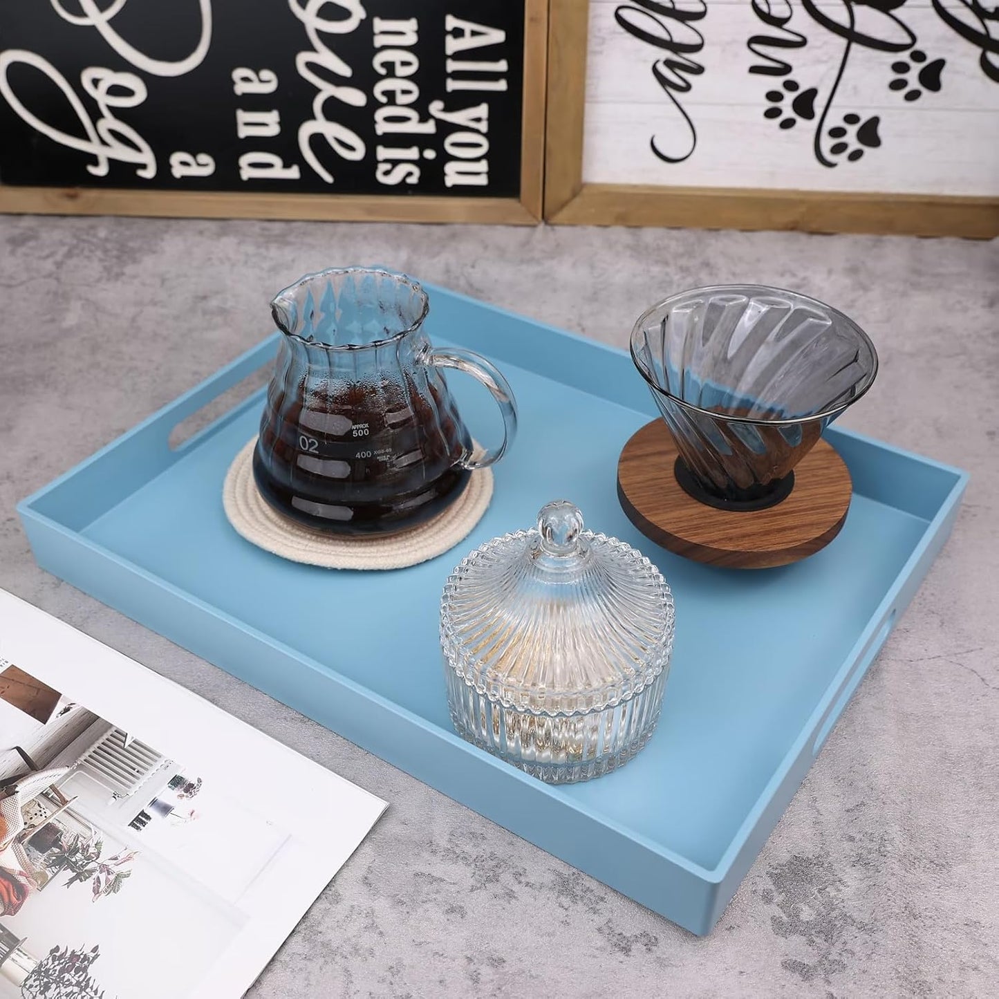 Blue Serving Tray for Coffee Table, Rectangular Plastic Decorative Tray with Handles for Entertaining, Outdoor Patio, Living Room, Ottoman, Bathroom Counter, 11.8”*15.7”*1.6”