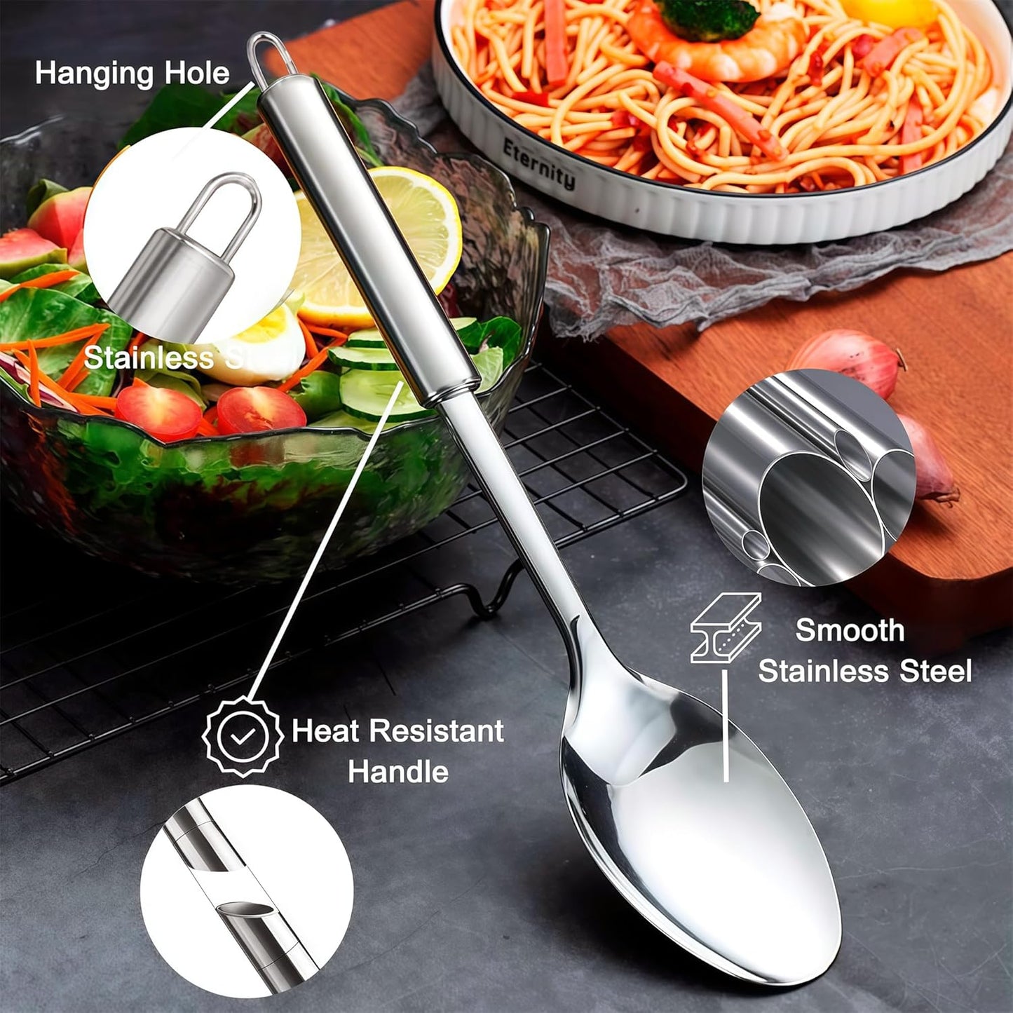 2 Pack Stainless Steel Serving Spoon, Heat Resistant Kitchen Noodle Spoon for Cooking, Serving, Mixing and Spaghetti