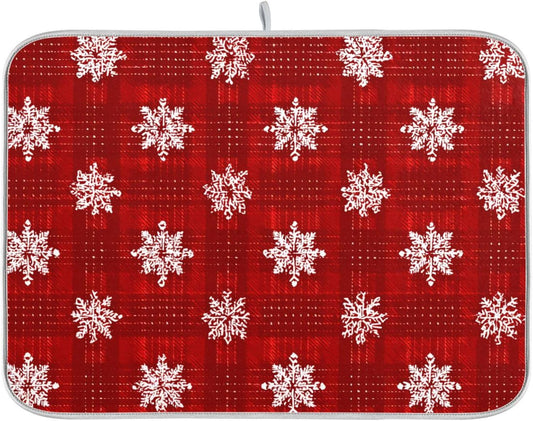 White Snowflake Pattern on Red Dish Drying Mat Super Absorbent Drying Mat 18x24 inch Large Dish Drying Mats for Kitchen Counter Dish Drying Pads Kitchen Drying Matt for Countertop