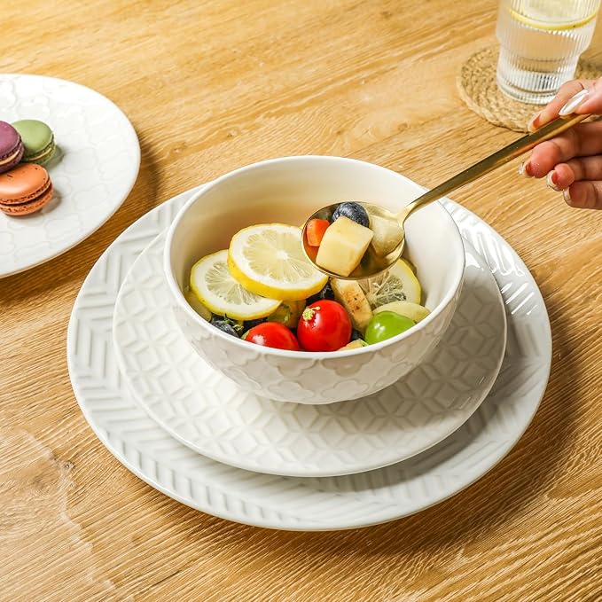 Sureasy Ceramic Dinnerware Sets for 6, 18 Pieces Stoneware Plates and Bowls Sets, Embossed Scratch Resistant Dinner Set, Dishwasher&Microwave Safe, White