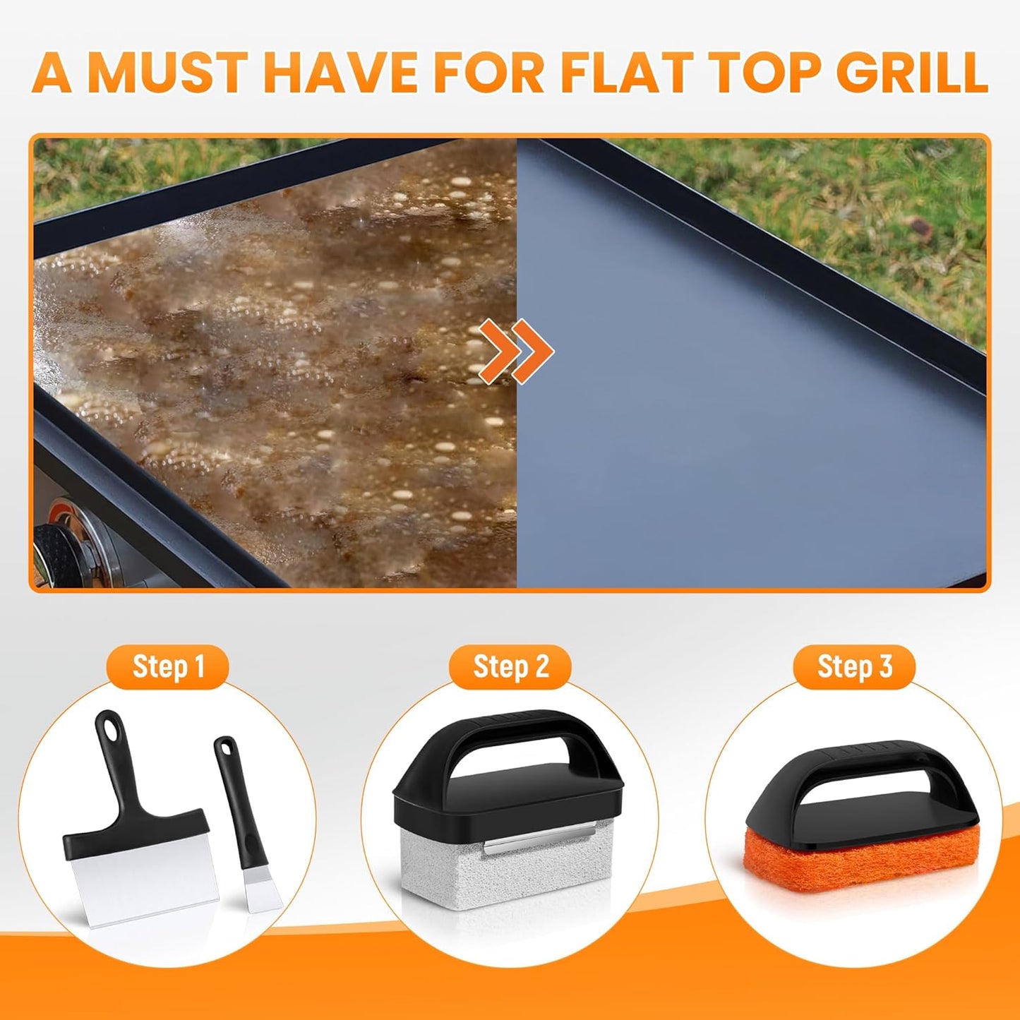 Griddle Cleaning Kit for Blackstone, Flat Top Grill Cleaning Kit with Griddle Scraper, Grill Brick, Scouring Pads & Ergonomic Handles for Deep Clean Grease, Burnt Residue (11 PCS)